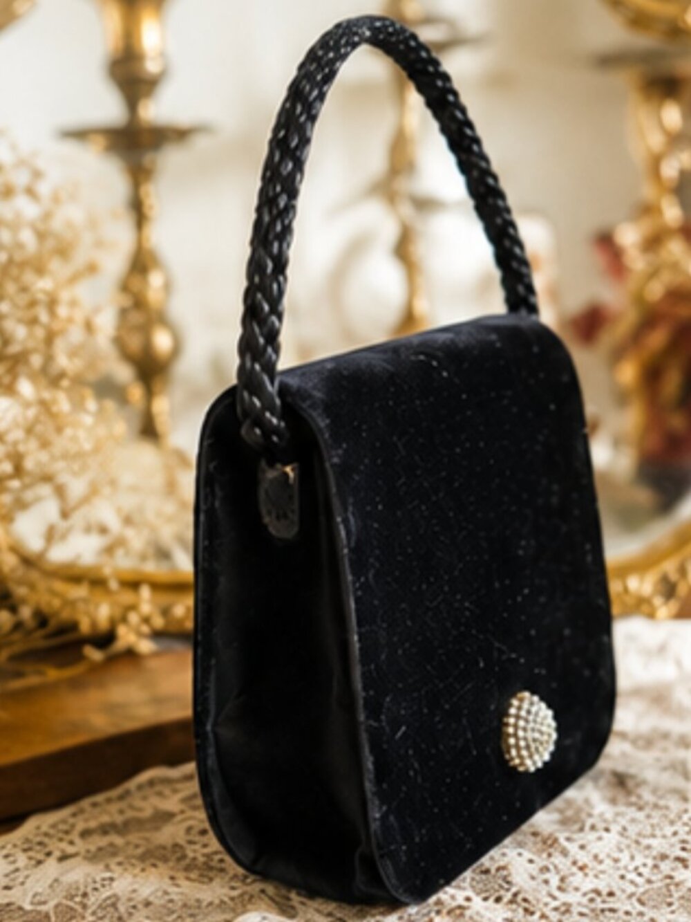 Black Velvet Small Evening Bag with Rhinestone Detail - Picture 2 of 4